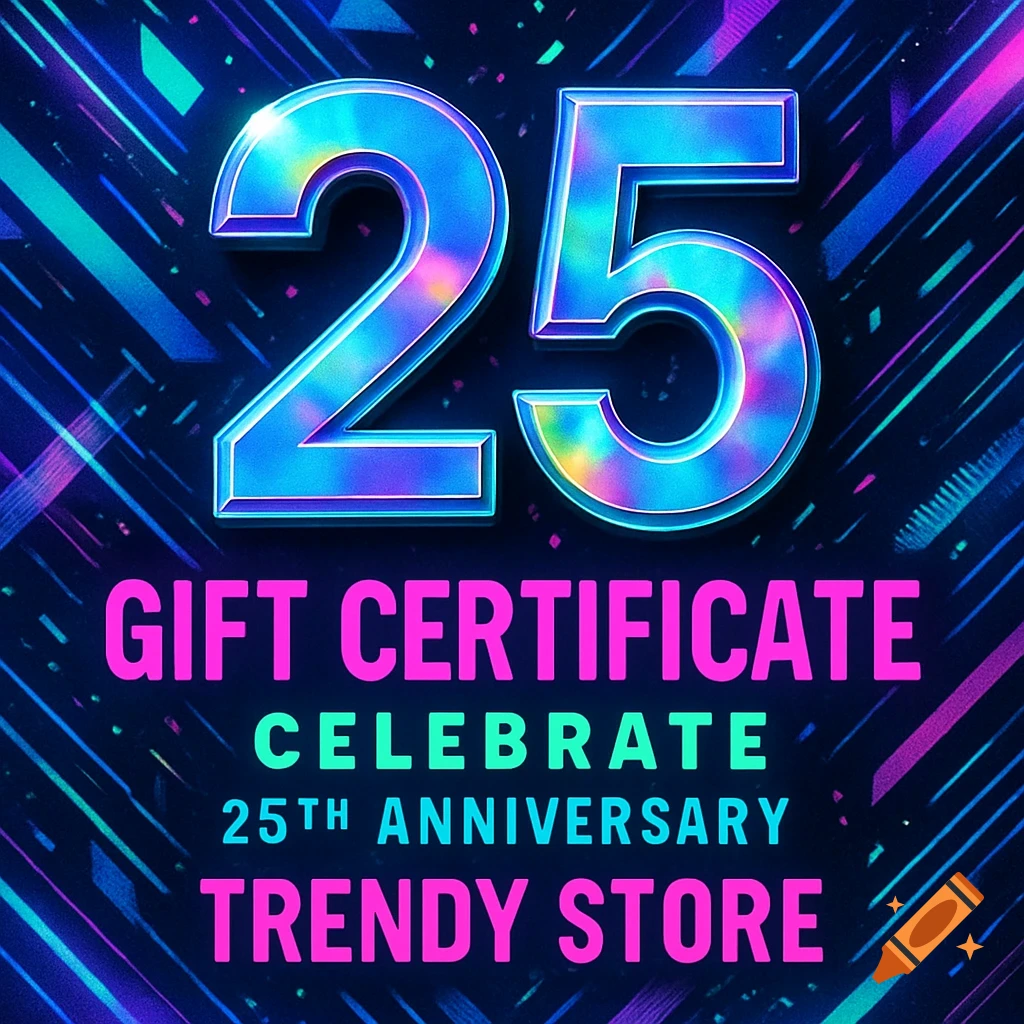 A vibrant neon-style gift certificate with a large metallic '25' and text 'GIFT CERTIFICATE', 'CELEBRATE 25TH ANNIVERSARY', 'TRENDY STORE' on a dark background with glowing lines.