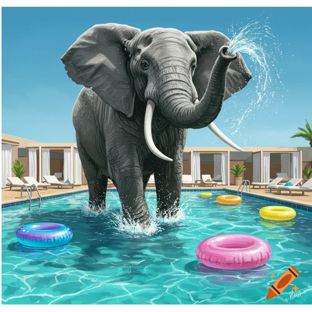 An illustrated elephant stands in a resort swimming pool, spraying water from its trunk, with colorful inflatable rings floating around.