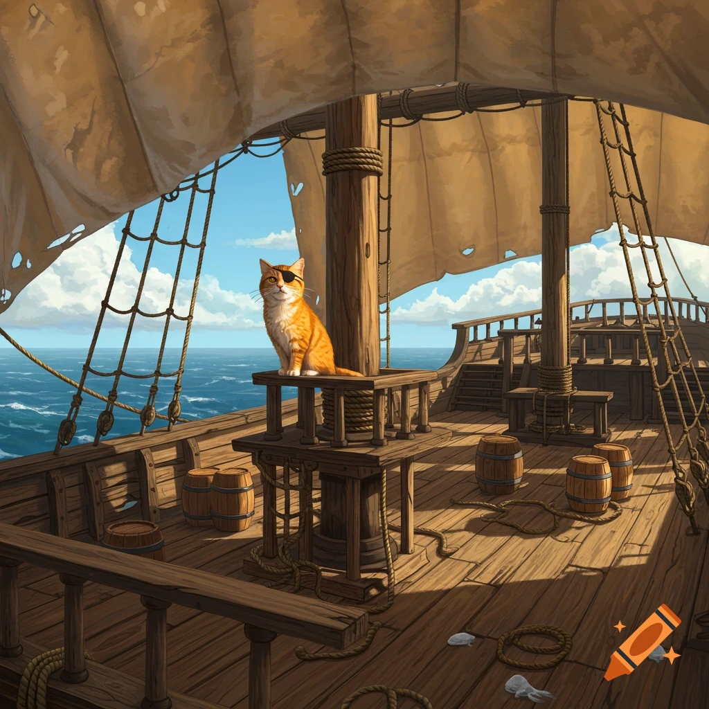 An orange cat wearing an eye patch sits on a wooden pirate ship deck, with sails and ocean visible.