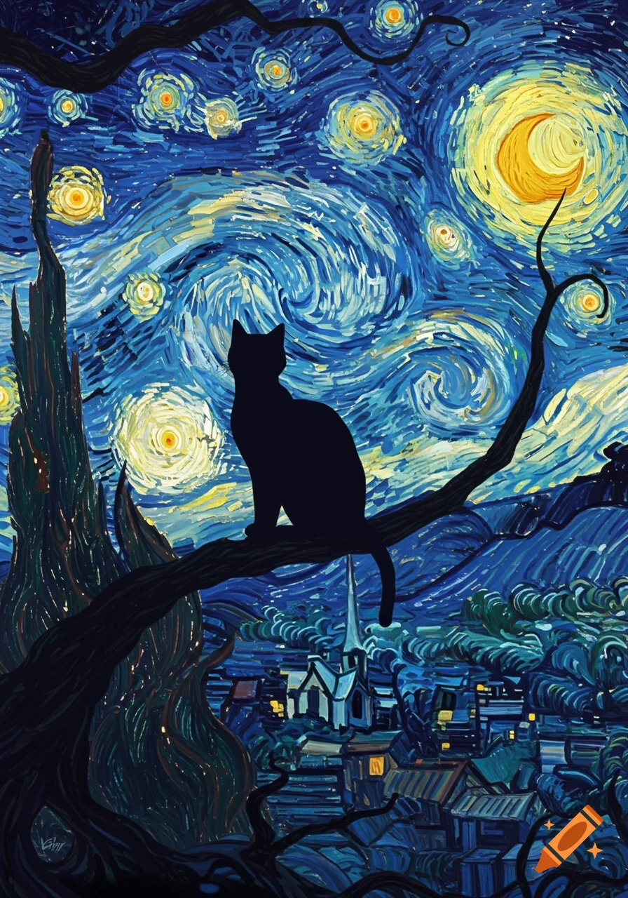 A black cat silhouette on a tree branch against a swirling Van Gogh-style night sky with stars, moon, and a village below.