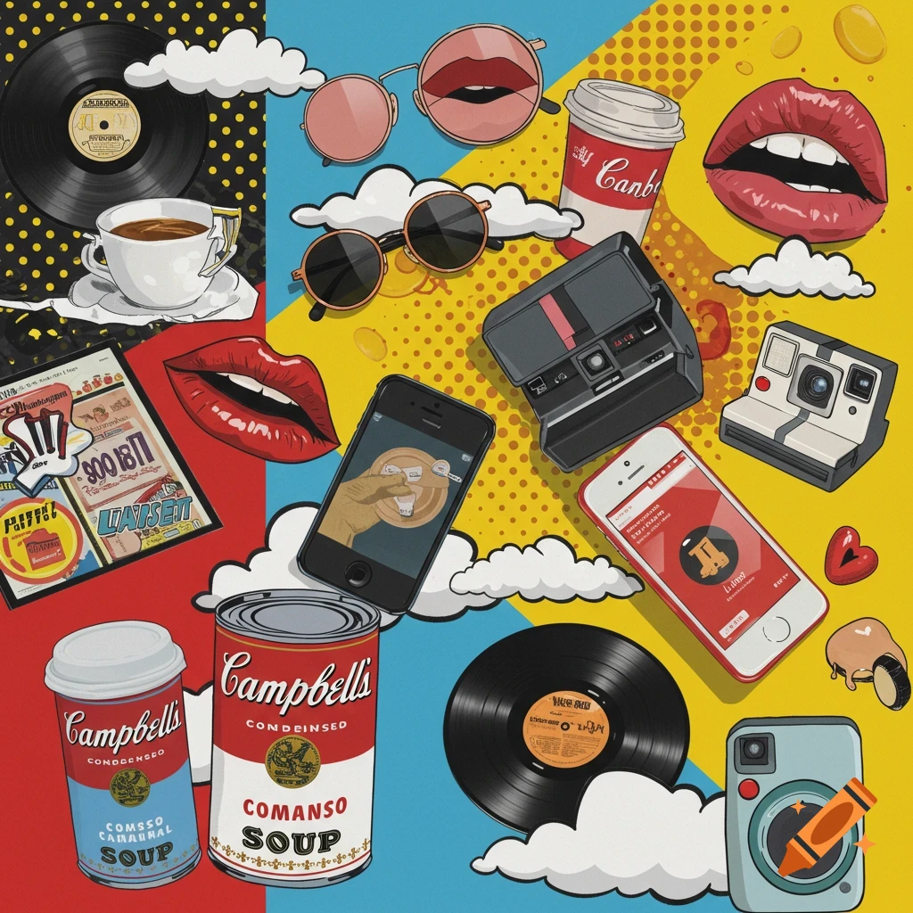 Pop art collage featuring everyday objects like vinyl records, sunglasses, soup cans, smartphones, cameras, and coffee cups, against a vibrant, segmented background.