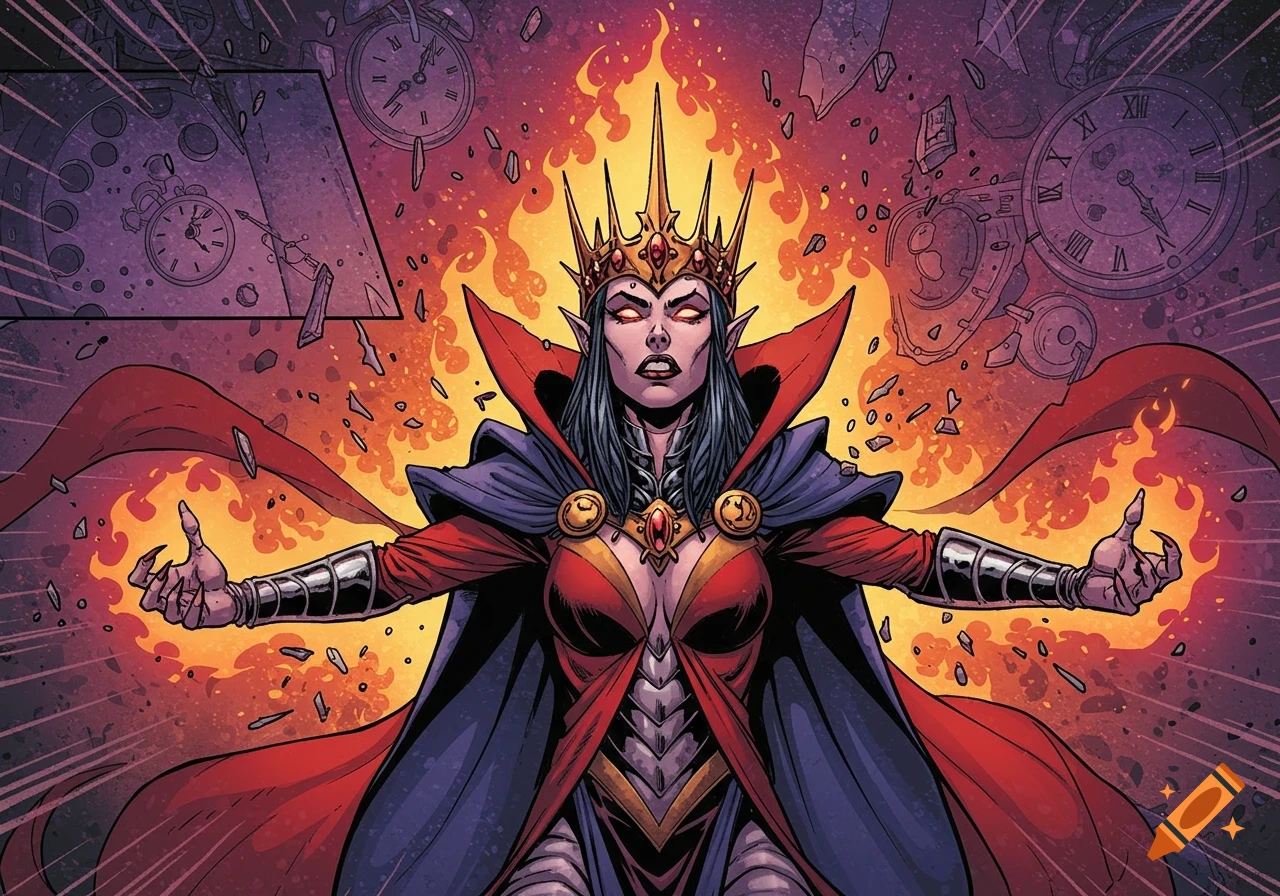 A comic book style illustration of a powerful dark queen with glowing red eyes, pointy ears, and a crown, emanating fire as clocks shatter around her.