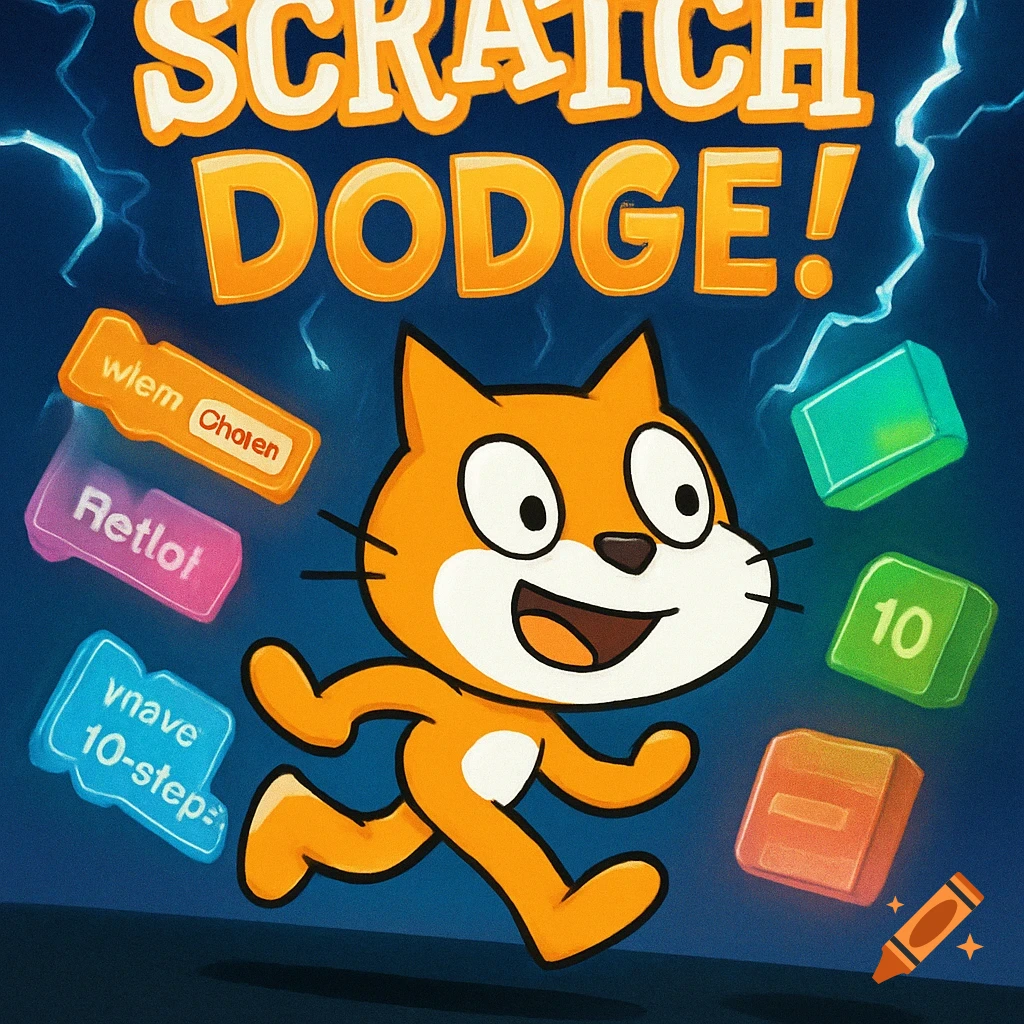 A cartoon orange cat runs past colorful falling programming blocks, with lightning in the background and 'SCRATCH DODGE!' text above.