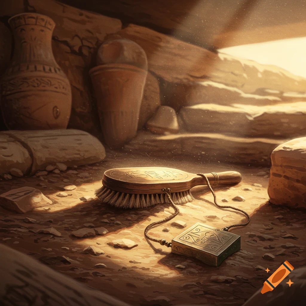 A decorative wooden brush and an ornate metal box on a chain rest on dusty ground at an excavation site, illuminated by sunbeams.