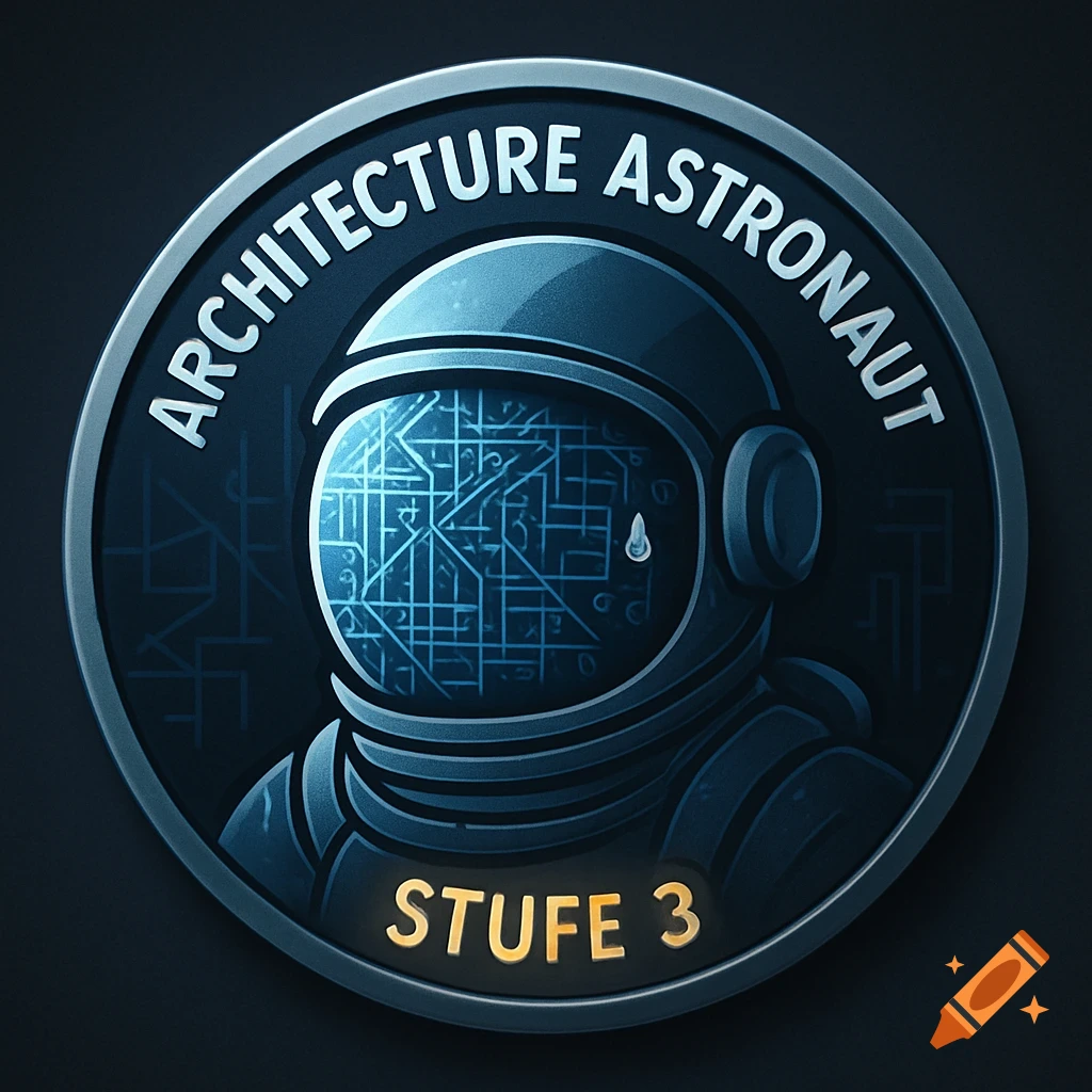 A round, dark blue and silver achievement badge with an astronaut helmet, circuit patterns on the visor. Text 'ARCHITECTURE ASTRONAUT' and 'STUFE 3'.