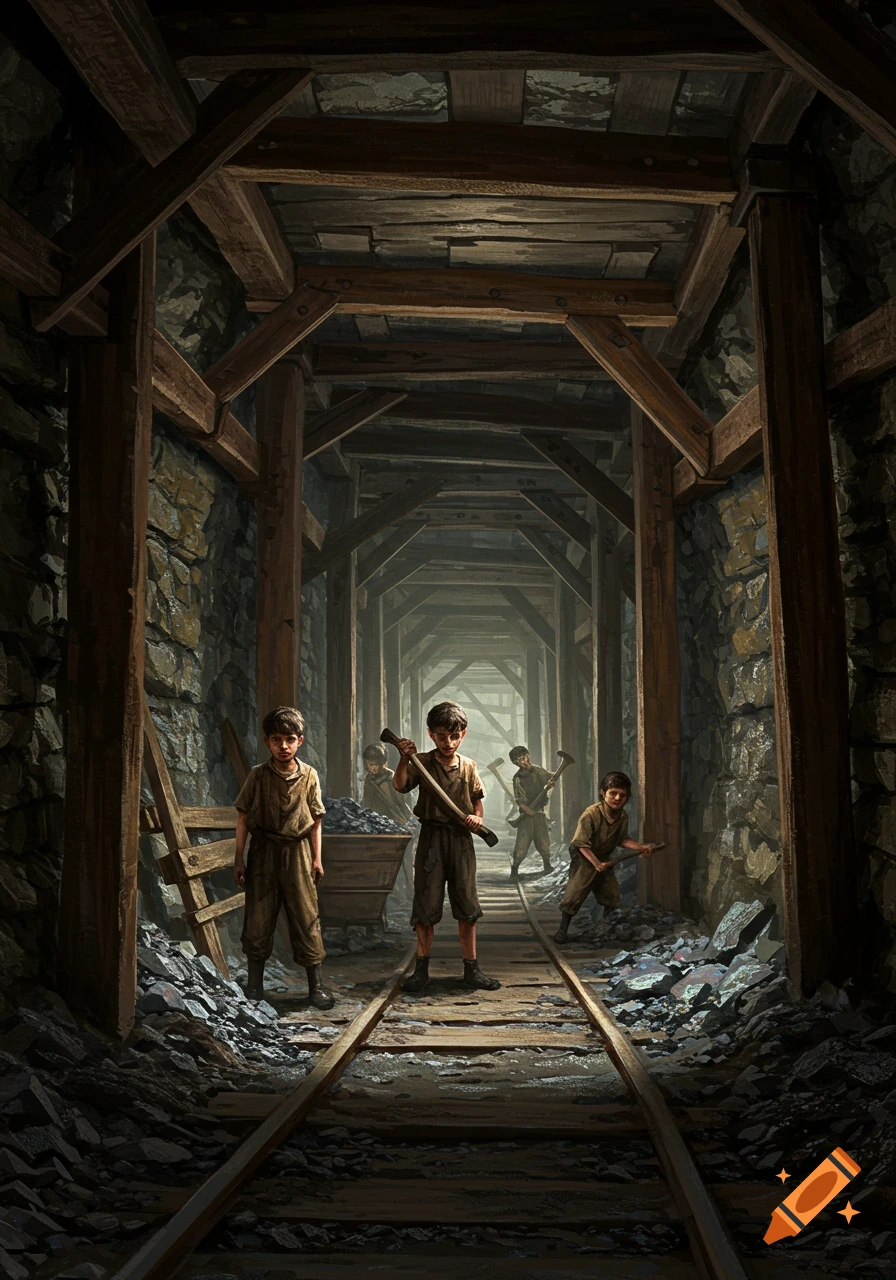 Semi-realistic illustration of children working in a dark, dusty mineshaft with wooden beams and railway tracks.