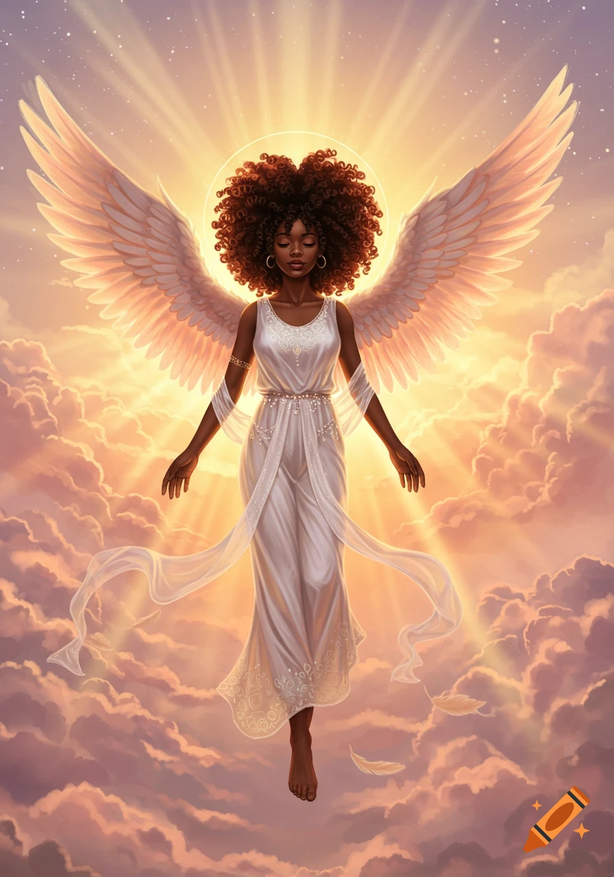 An African American angel with coily hair, wearing a white gown and large wings, floats among glowing clouds with bright light behind her.