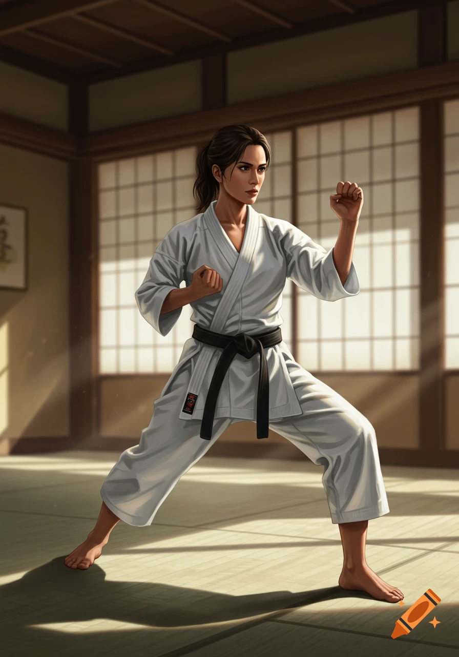 A woman karateka in a white uniform and black belt stands in a ready stance inside a dojo.