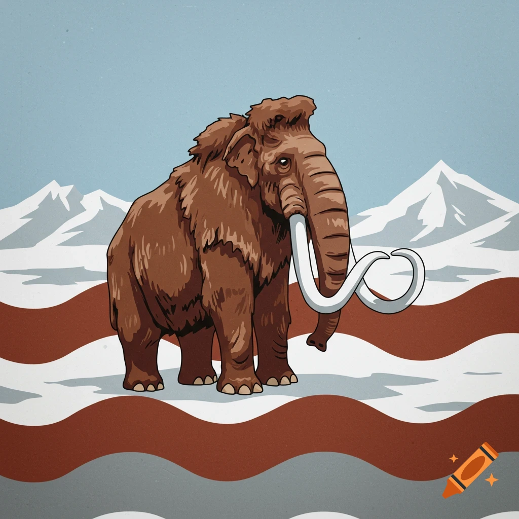 A stylized illustration of a woolly mammoth standing in a snowy landscape with mountains and wavy brown ground.