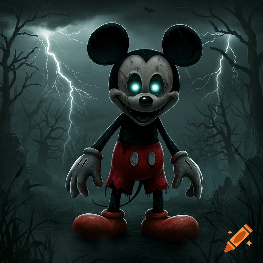 Horror-style Mickey Mouse with glowing eyes and torn clothes stands in a stormy, spooky forest with lightning.