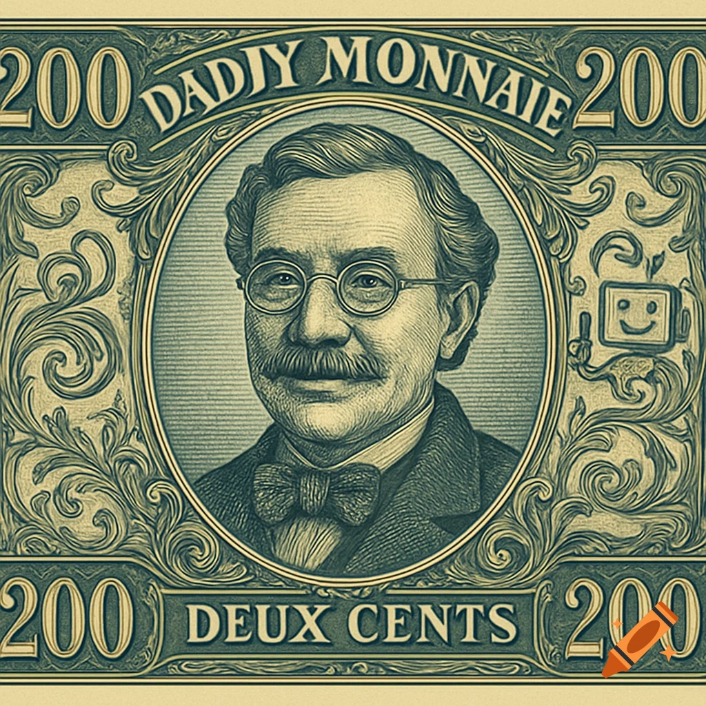 An illustration of a fake 200 Euro bill in an engraving style, featuring a portrait of a mustachioed man with glasses in an oval frame, surrounded by ornamental details and the text "200 DADIY MONNAIE" and "DEUX CENTS".
