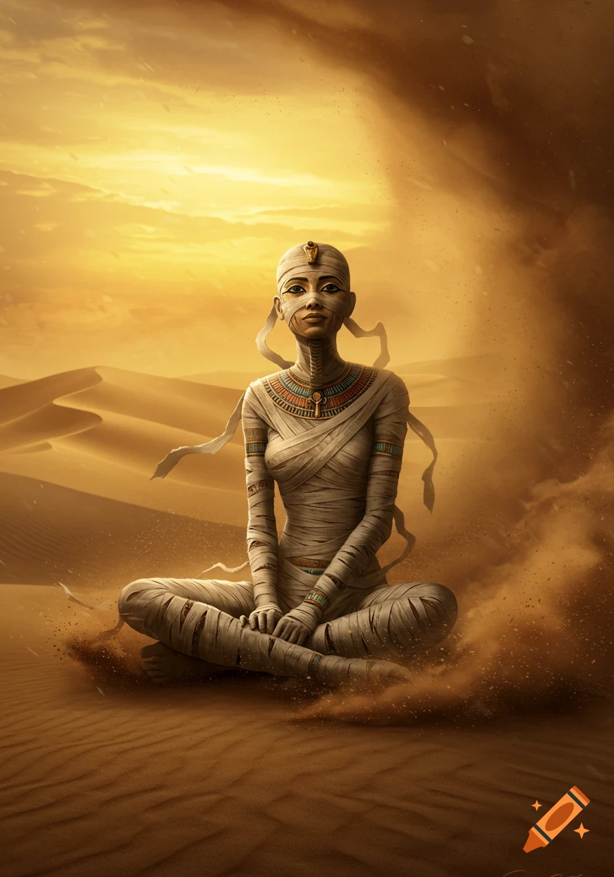 An Egyptian mummy woman meditates serenely in the lotus position amidst a swirling desert dust storm under a golden sky.