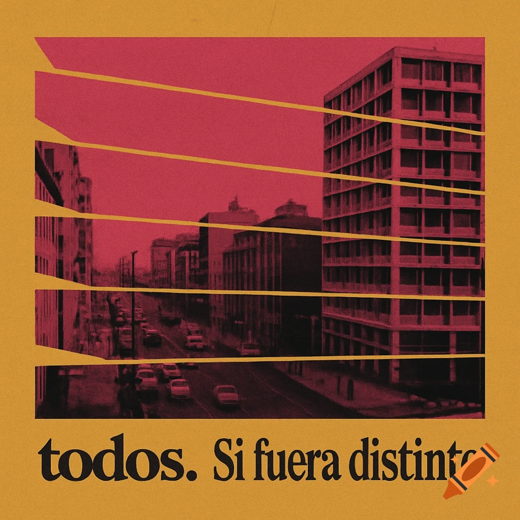 Brutalist album cover with a fragmented red and black city scene on mustard yellow, featuring text 'todos. Si fuera distinto'.
