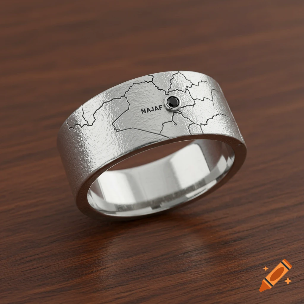 Close-up of a silver men's ring with an embossed map of Iraq and a small black gem marking Najaf, on a wooden surface.