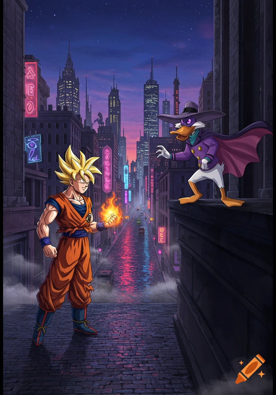 Goku and Darkwing Duck face each other on a city street at dusk, with neon lights reflecting on the wet pavement.