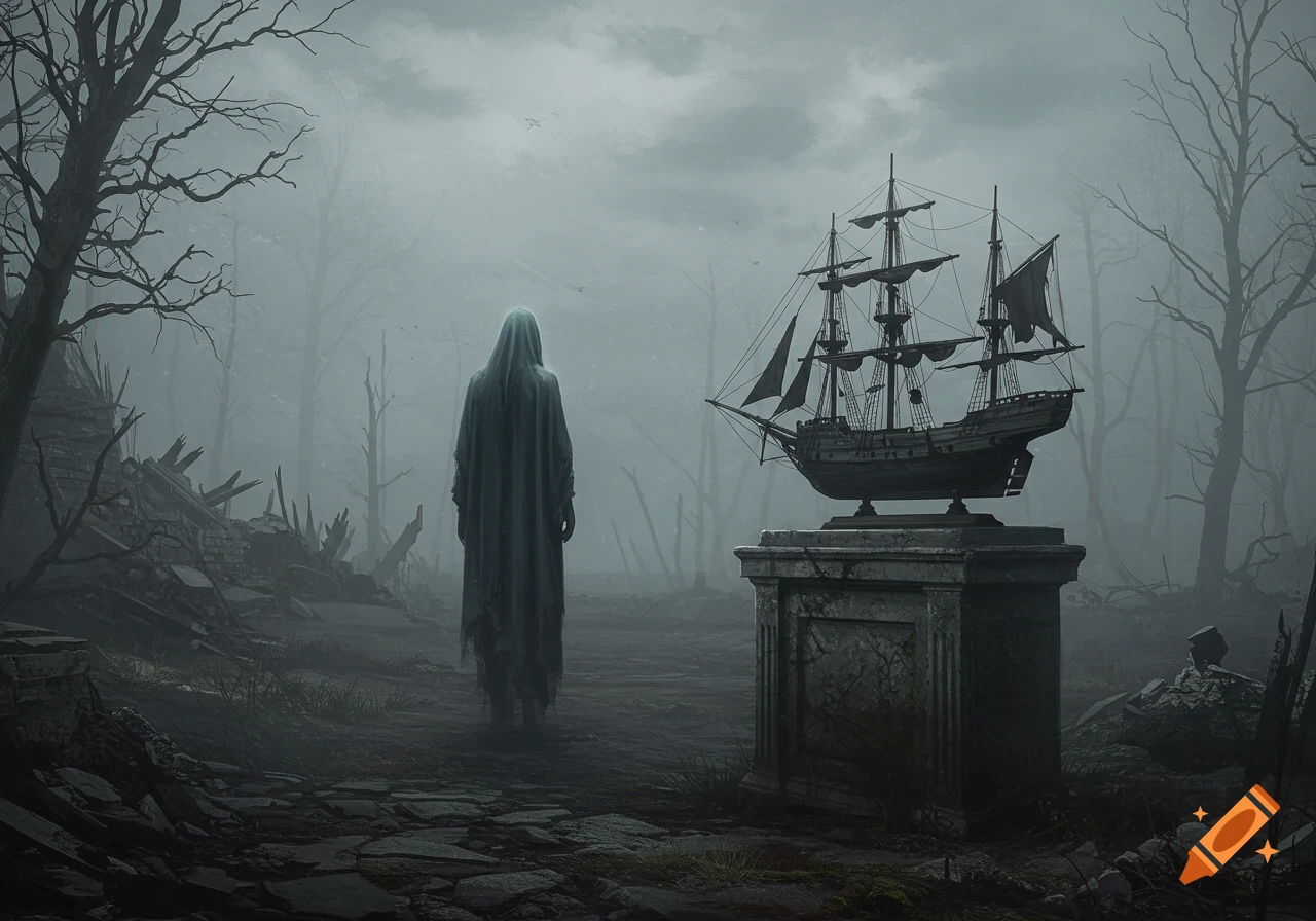 A ghostly cloaked figure stands in a misty, devastated landscape, observing a damaged model ship atop a stone pedestal, in a dark, surreal style.