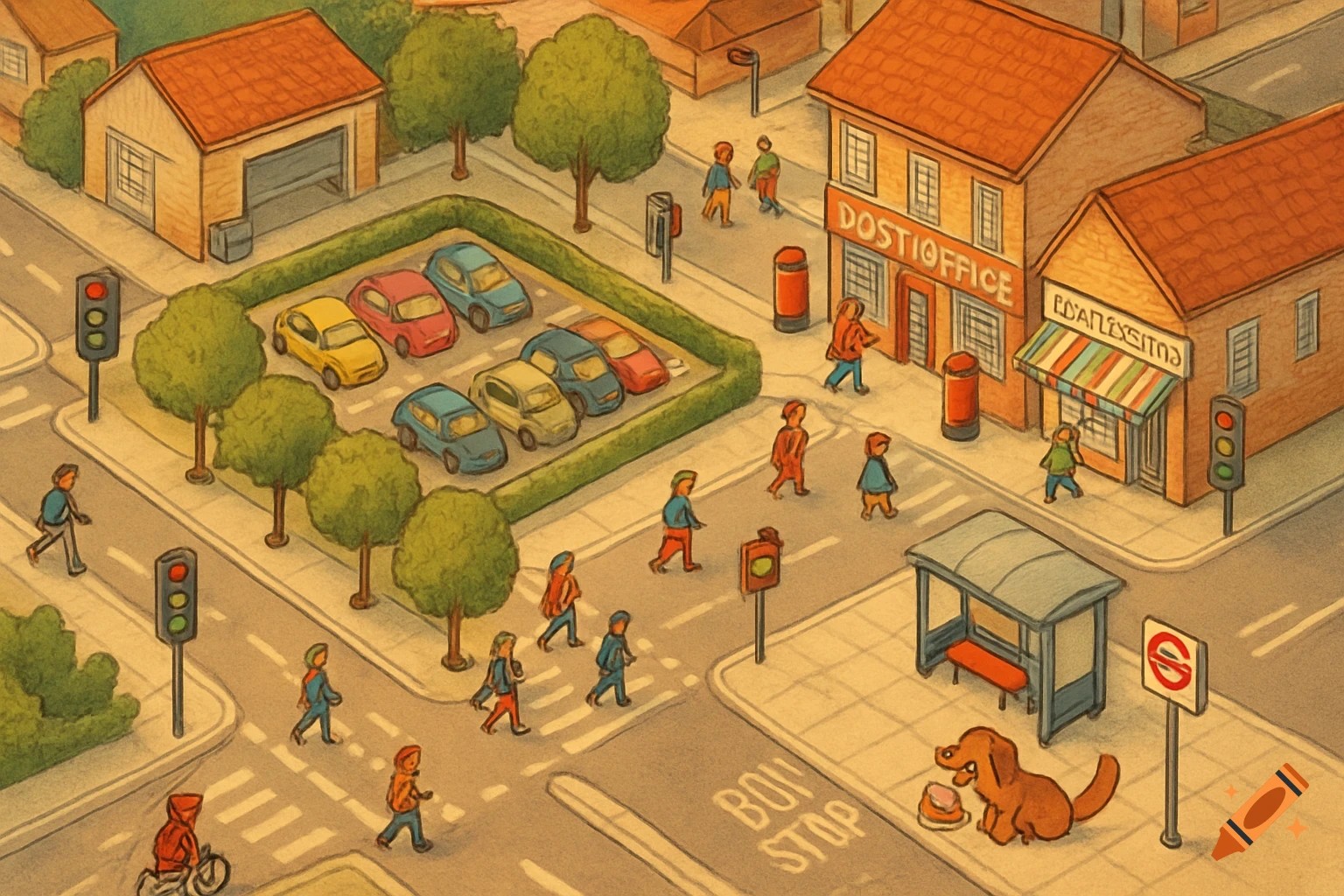 Cartoon isometric view of a bustling neighborhood with a car park, buildings, people, cars, a bus stop, and a dog eating a cake.
