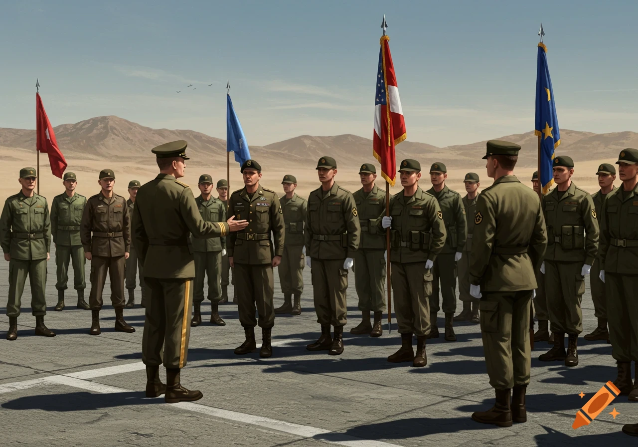 Soldiers in olive uniforms stand in formation on an airfield in a desert, listening to a sergeant with flags.