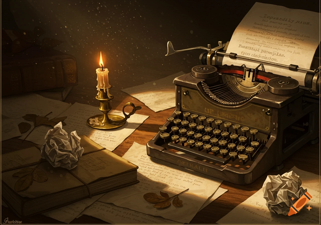 An old typewriter, crumpled papers, a book, and a lit candle on a dark wooden desk, lit by a warm glow in a vintage style.