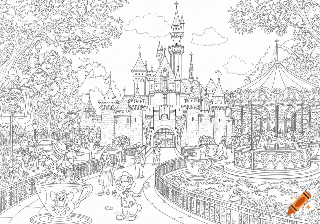 A detailed coloring book page showing a fantastical castle, a carousel, teacup rides, and cartoon characters in a lively amusement park setting.