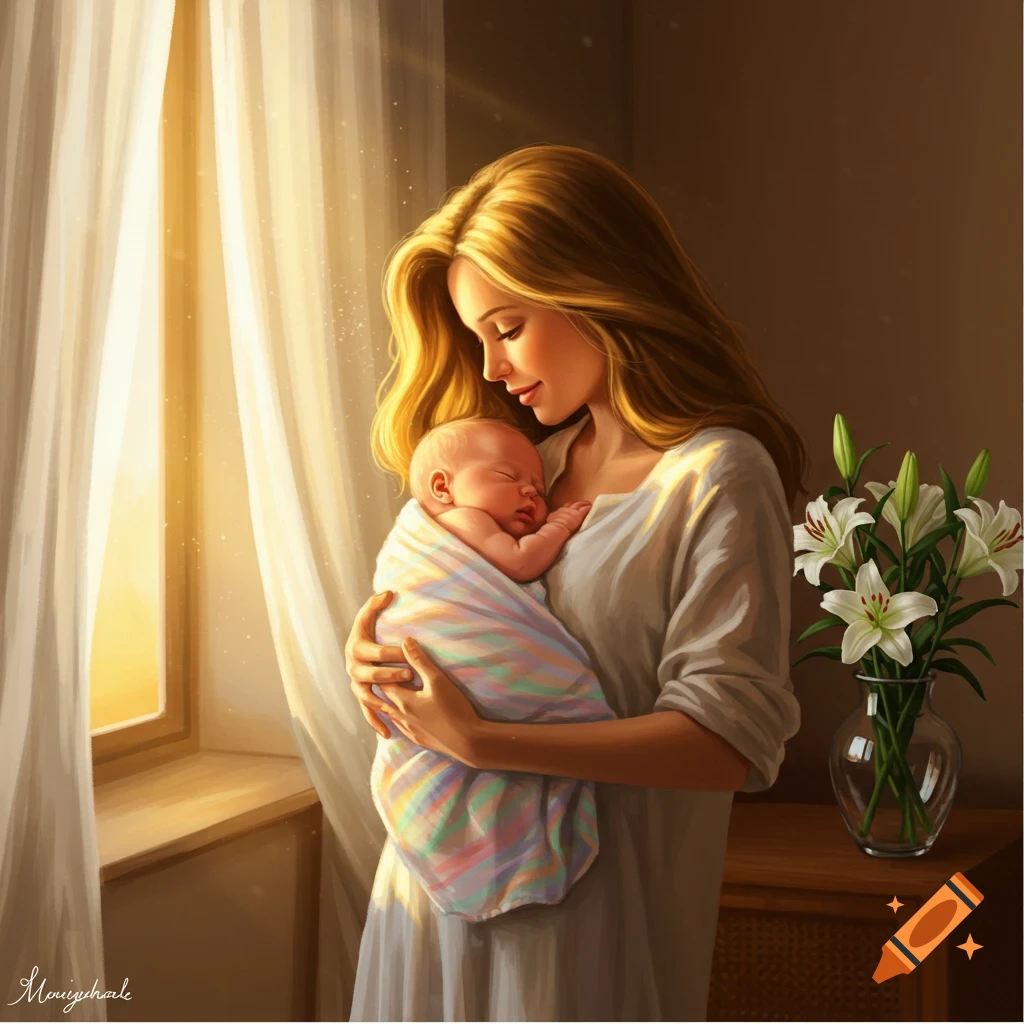 Painterly illustration of a mother gently holding her sleeping baby near a bright window, with a vase of lilies.