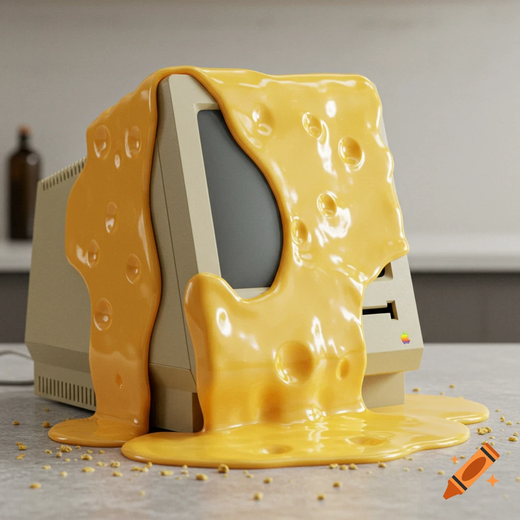 A vintage Macintosh computer covered in bright yellow melted cheese, with crumbs on the table.
