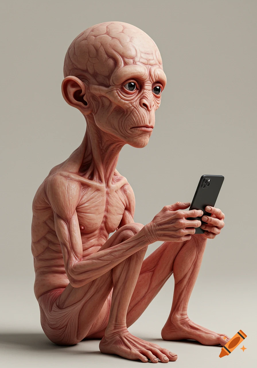A photorealistic, hairless, pale, emaciated humanoid figure with a large brain-like head, big ears, and bulging eyes, crouched and looking at a smartphone.