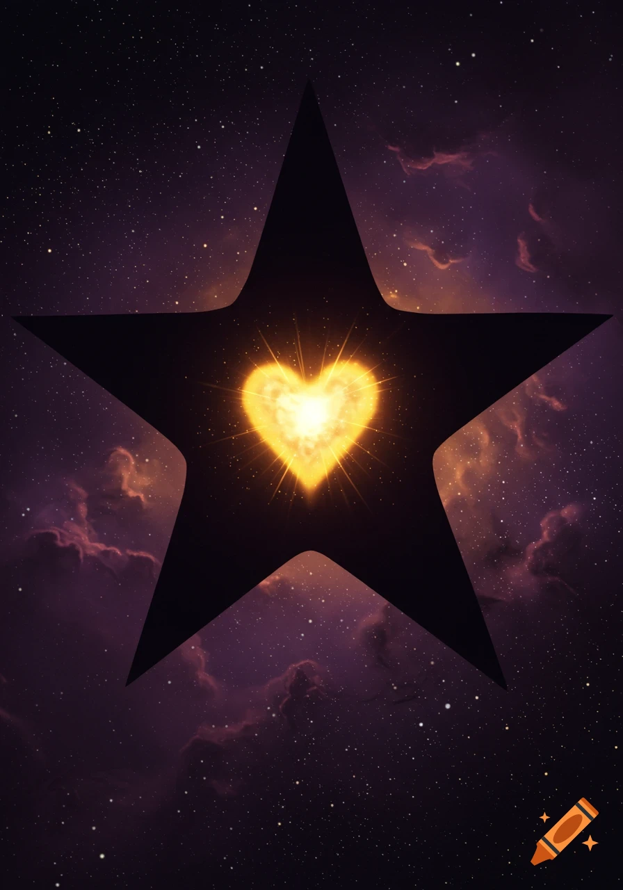 Dark star silhouette with a glowing golden heart against a starry purple and orange nebula.