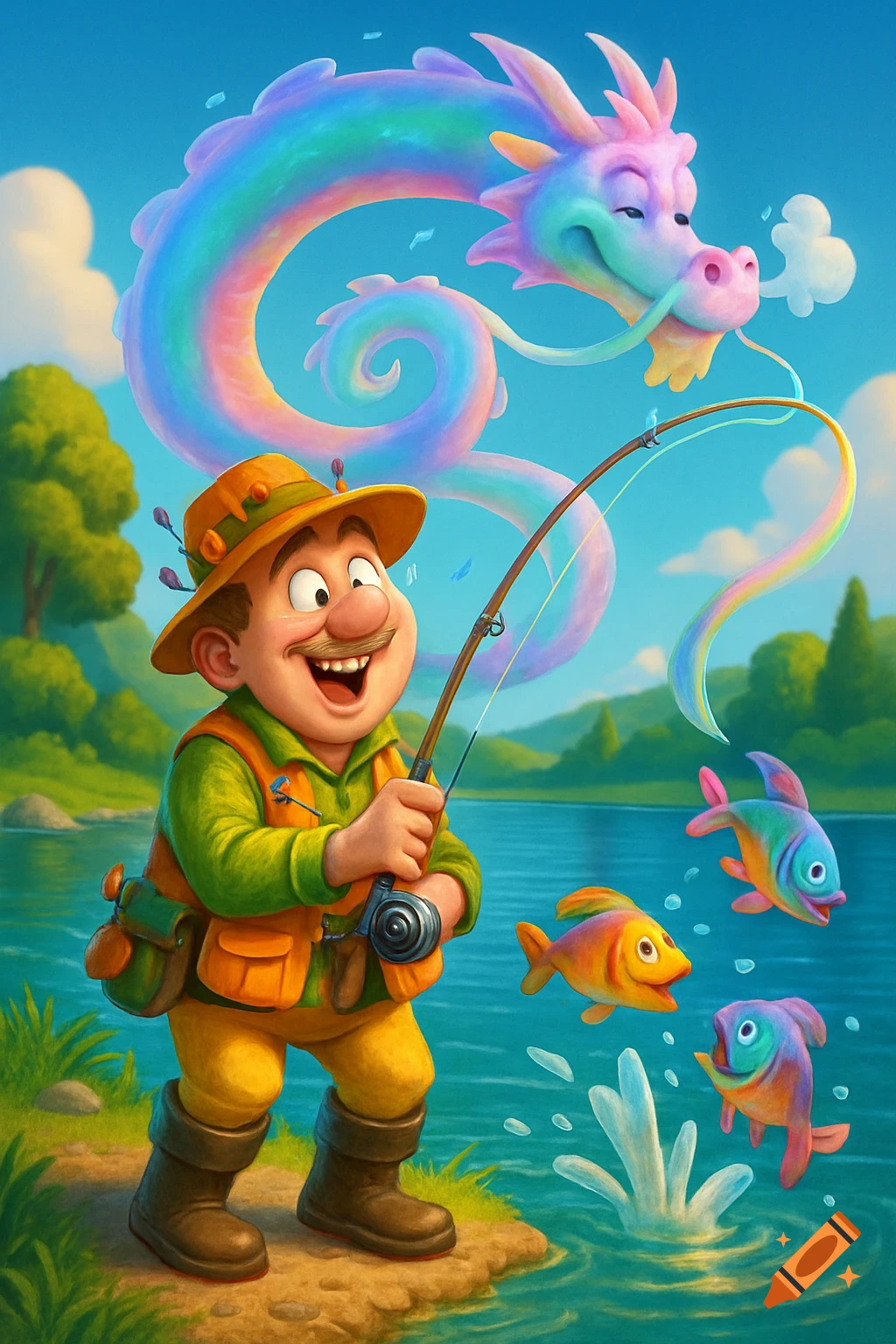 A happy cartoon man in fishing gear stands by a lake, holding a rod as rainbow-colored fish jump. A whimsical rainbow dragon puffs smoke in the sky.