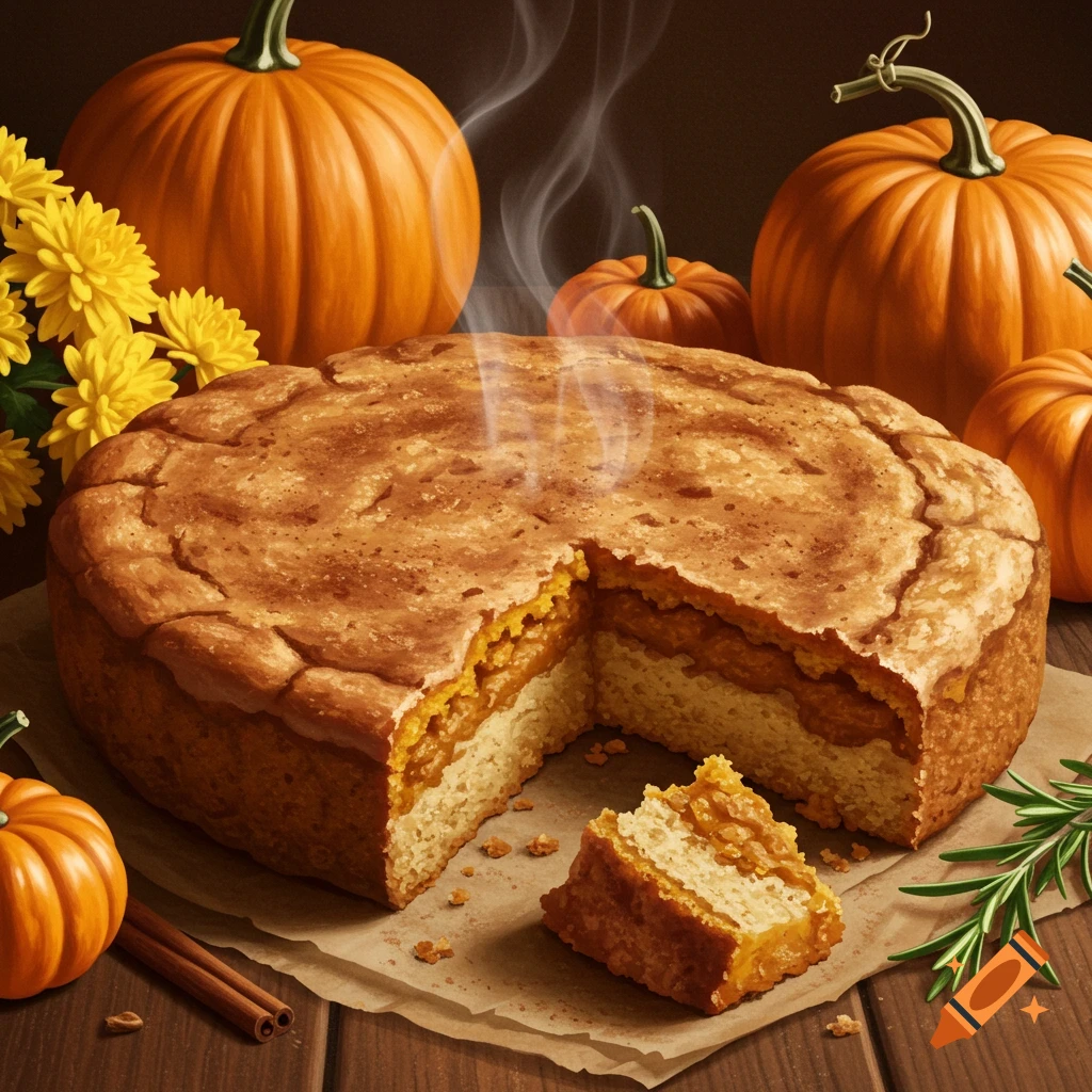 A pumpkin dump cake with a slice cut out, surrounded by pumpkins, yellow flowers, and spices on a wooden table, with steam rising.