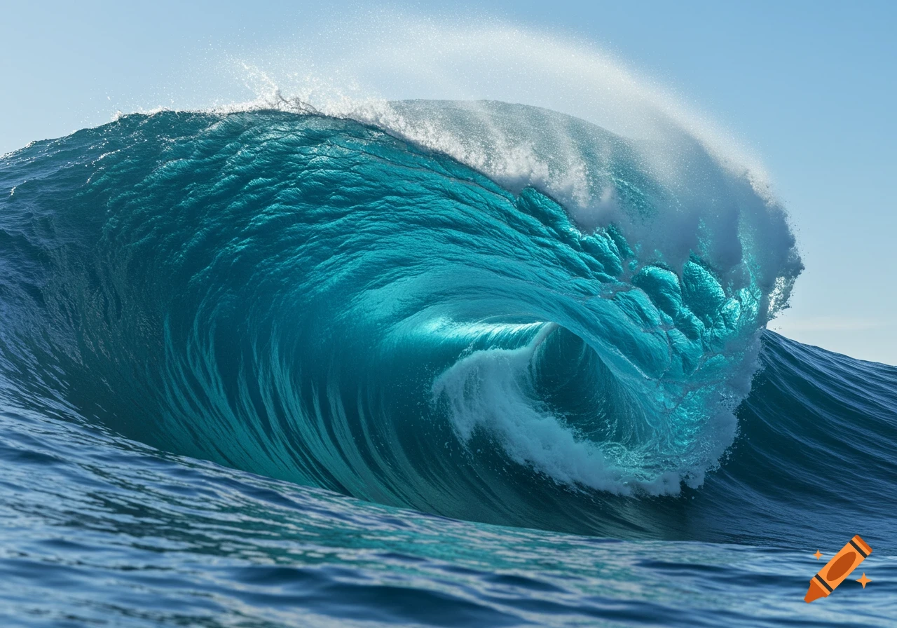 A powerful, deep blue ocean wave crests and curls with white foam under a bright sky, highly photorealistic.