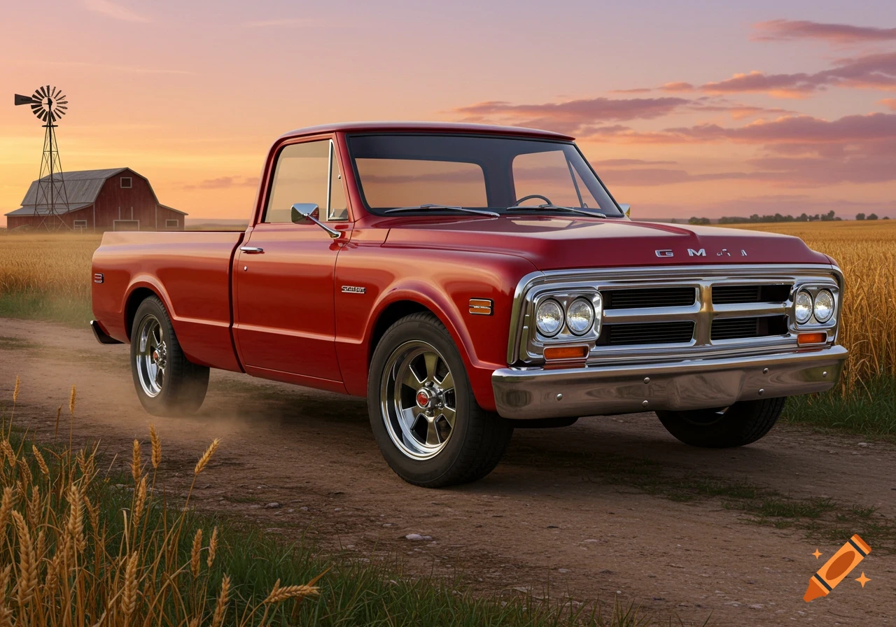 A red 1960s GMC pickup truck on a dirt road in a golden field with a barn and windmill under a sunset sky.