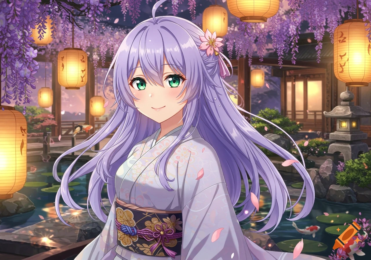 An anime girl with lavender hair in a white kimono smiles in a beautiful Japanese garden with wisteria, glowing lanterns, and a koi pond.