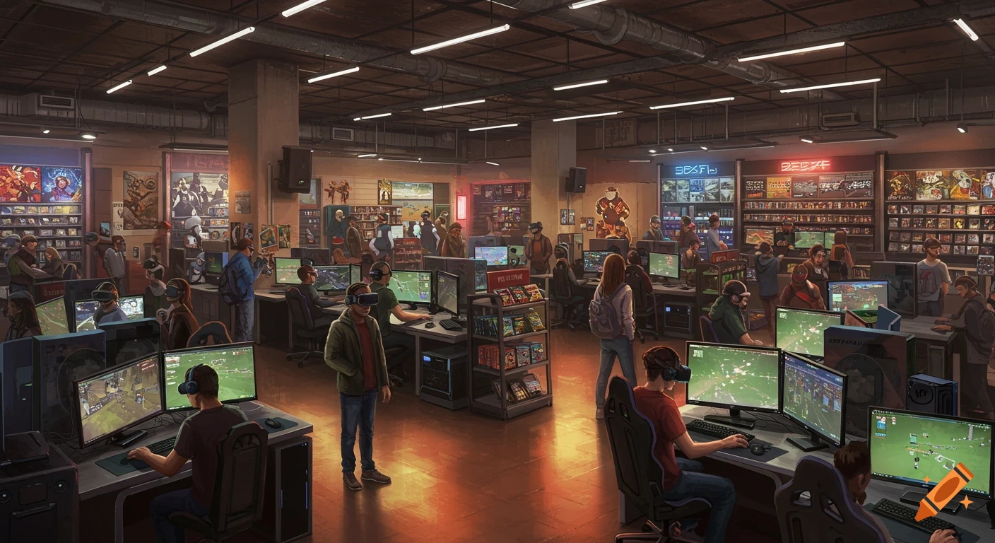 An overhead view of a bustling video game store interior, with many people playing games on computers and VR headsets, and shelves filled with game boxes.