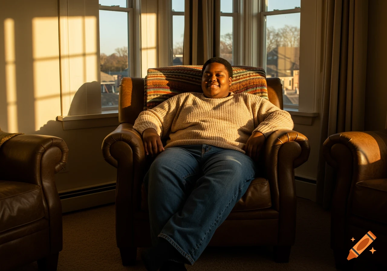 A smiling young man in a sweater and jeans sits in a leather armchair by a sunlit window indoors.