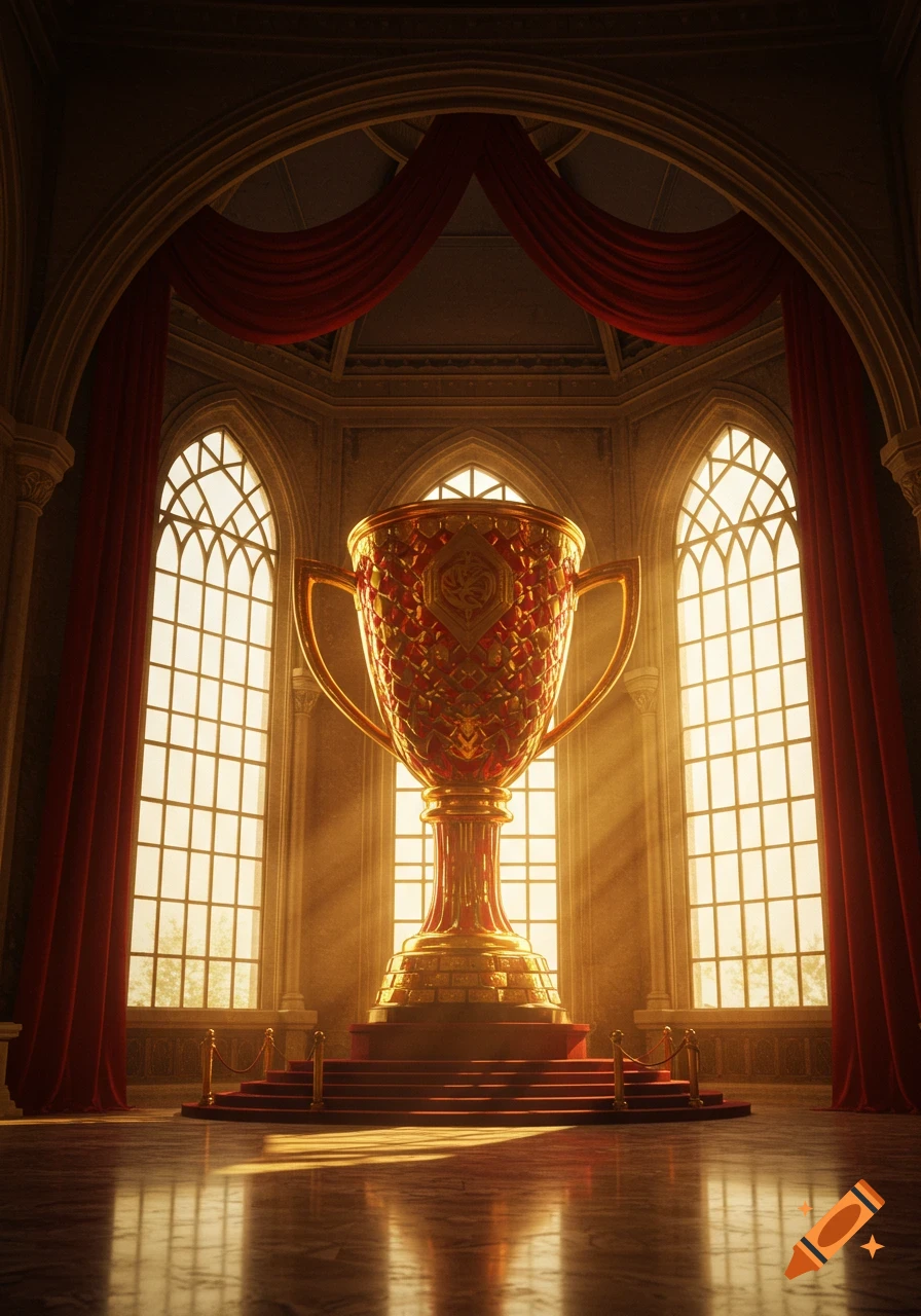 A massive, ornate red and gold trophy sits on a red stepped platform in a grand hall with arched windows, bathed in golden light.