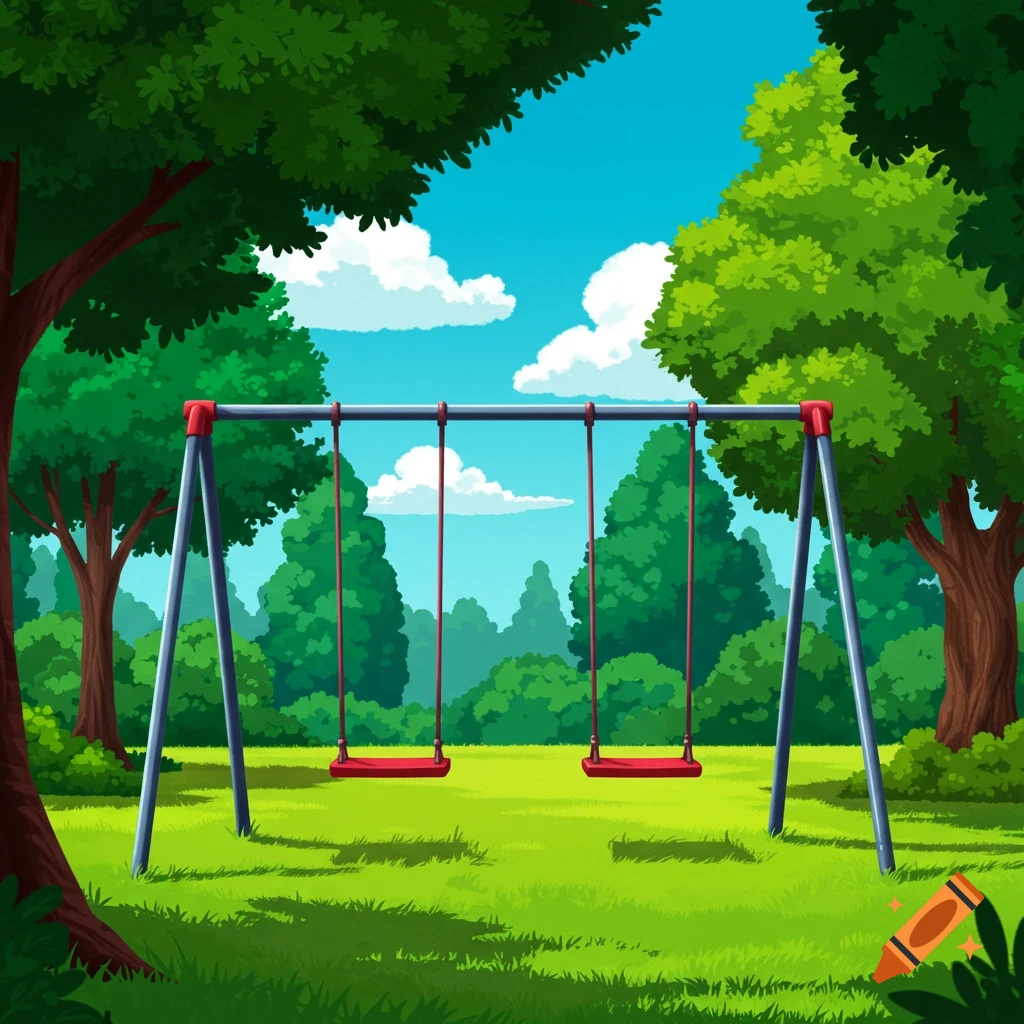 Cartoon illustration of a sunny green park with a red two-seat swing set, surrounded by lush trees under a blue sky.