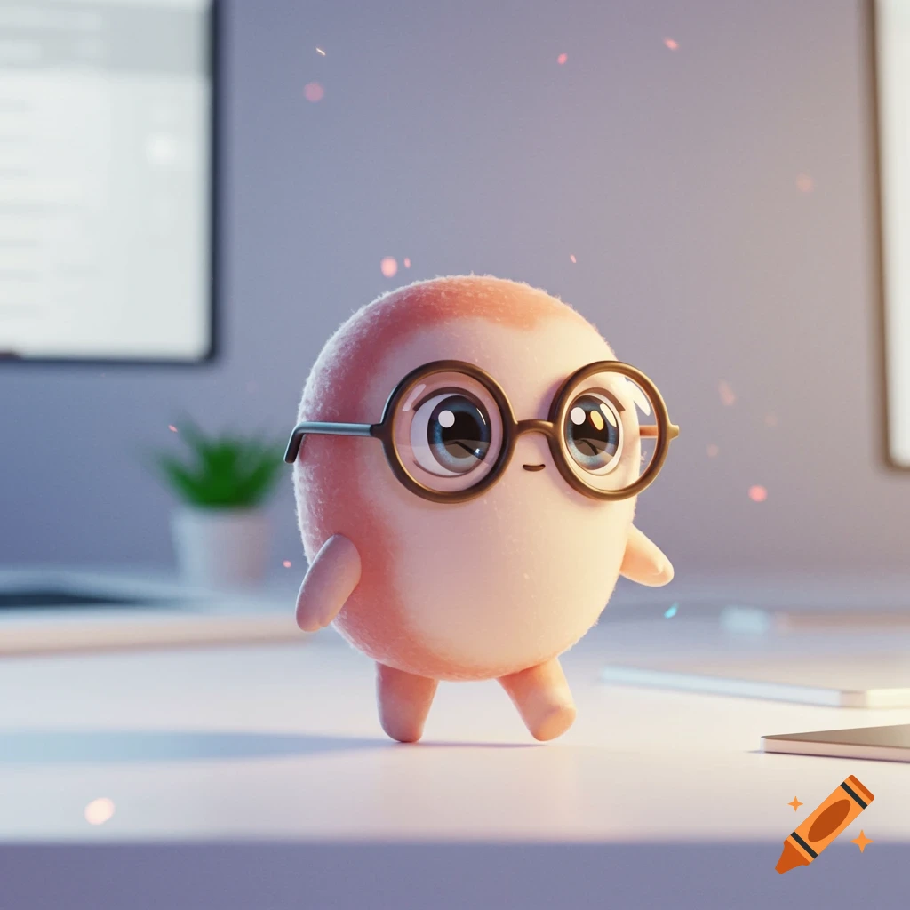 A cute, peach-colored, fluffy, round creature with big eyes and small limbs wears round glasses, standing on an office desk.