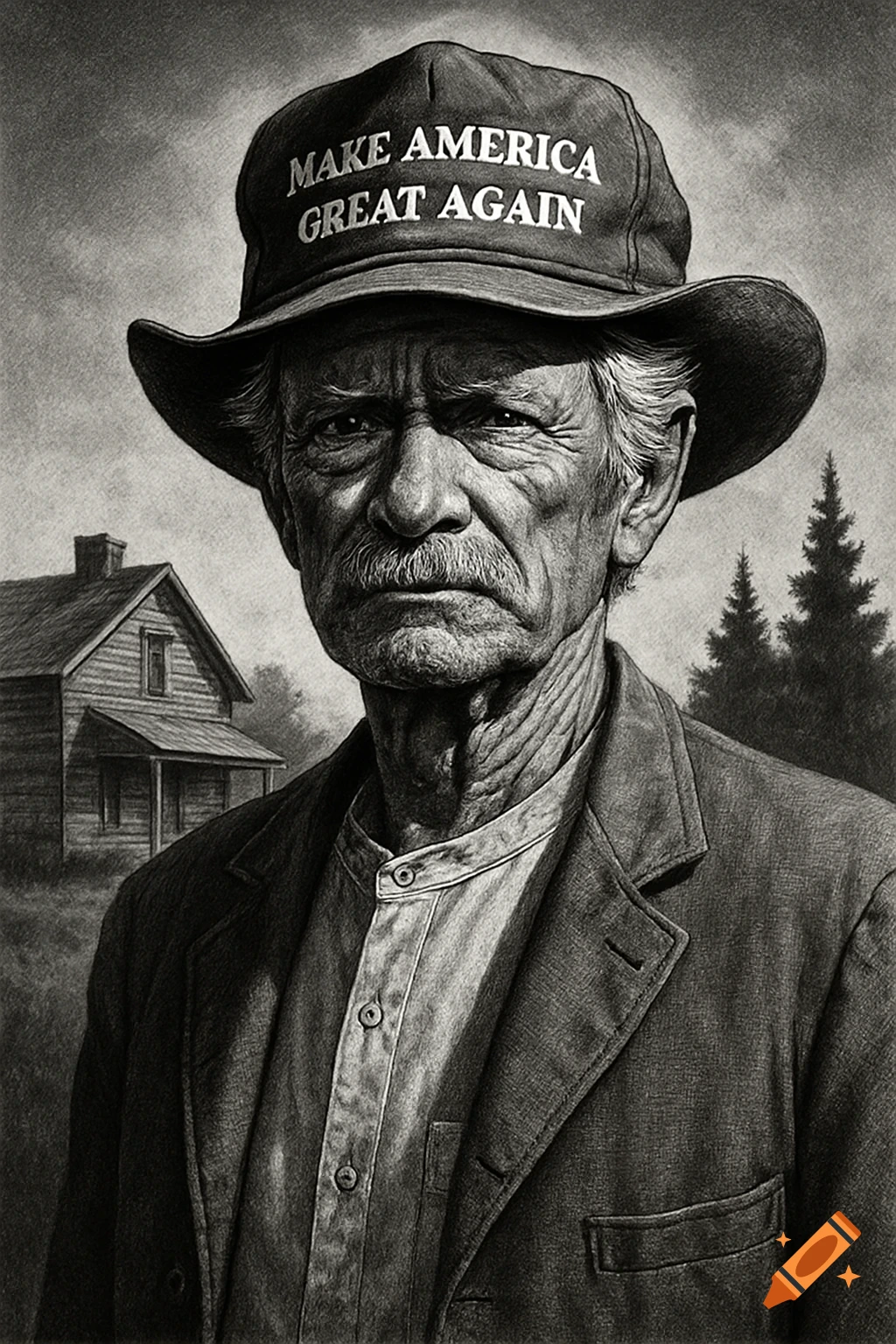 Black and white sketch of an older man with a mustache wearing a 'Make America Great Again' hat, with a rustic house in the background.