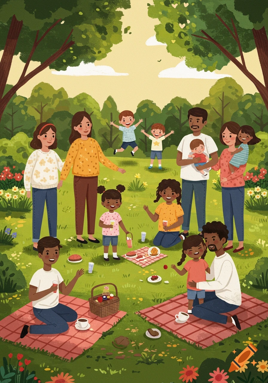 Diverse families of adults and children enjoy a sunny picnic in a park, in a cheerful children's illustration style.