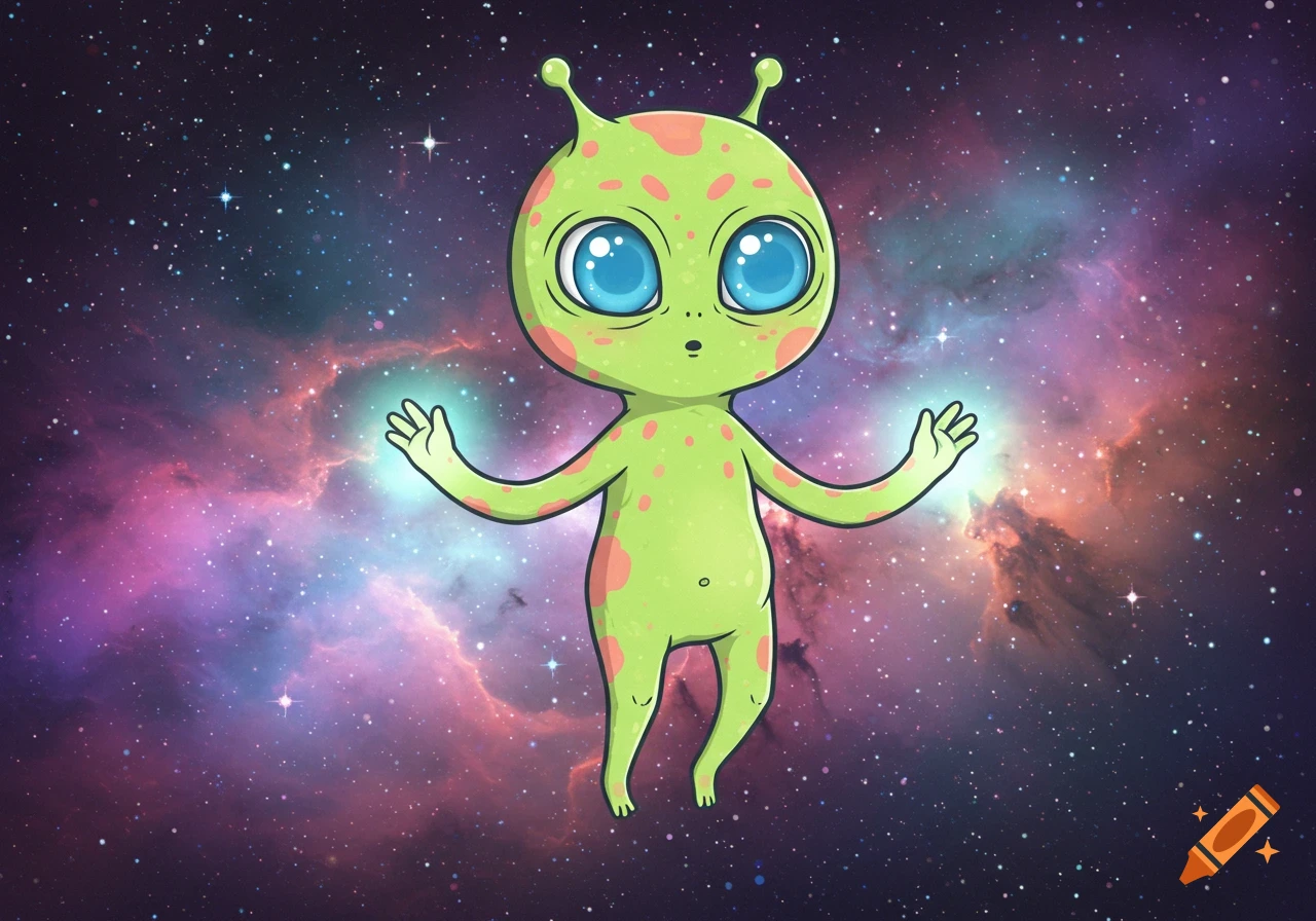 A cute, big-eyed green cartoon alien with pink spots and glowing hands floats in a vibrant purple and orange galaxy full of stars.