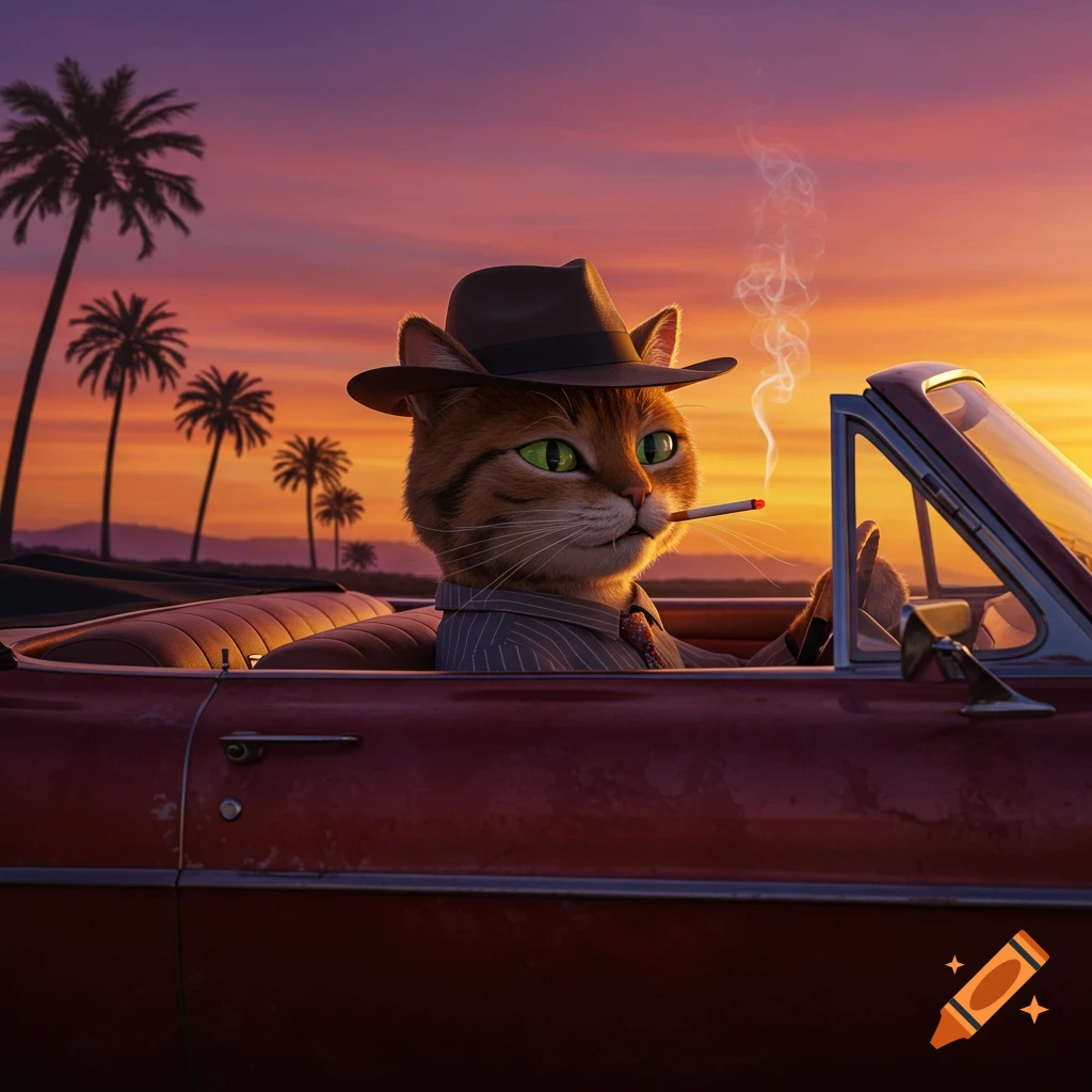 A photorealistic anthropomorphic cat in a hat and suit smokes a cigarette while driving a convertible car at sunset with palm trees.