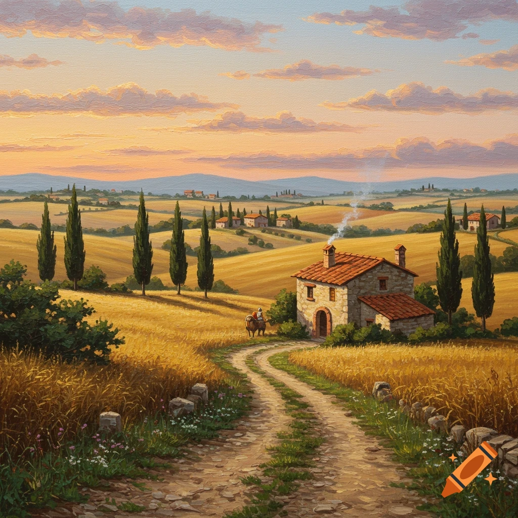 A vibrant oil painting of a picturesque Tuscan countryside at sunset, featuring rolling golden fields, cypress trees, a stone farmhouse, and a winding dirt road.