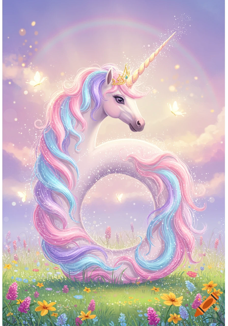 A whimsical princess unicorn with a pastel mane shaped like the number 6 in a wildflower field under a rainbow sky.