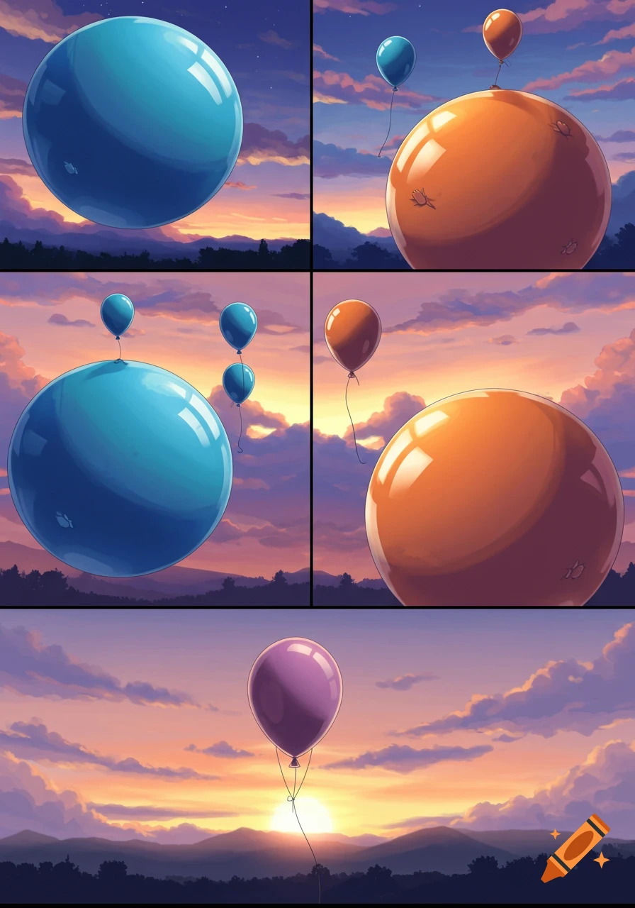 A multi-panel illustration of large, glossy balloons in blue, orange, and purple, floating above a silhouetted mountain range at sunset.