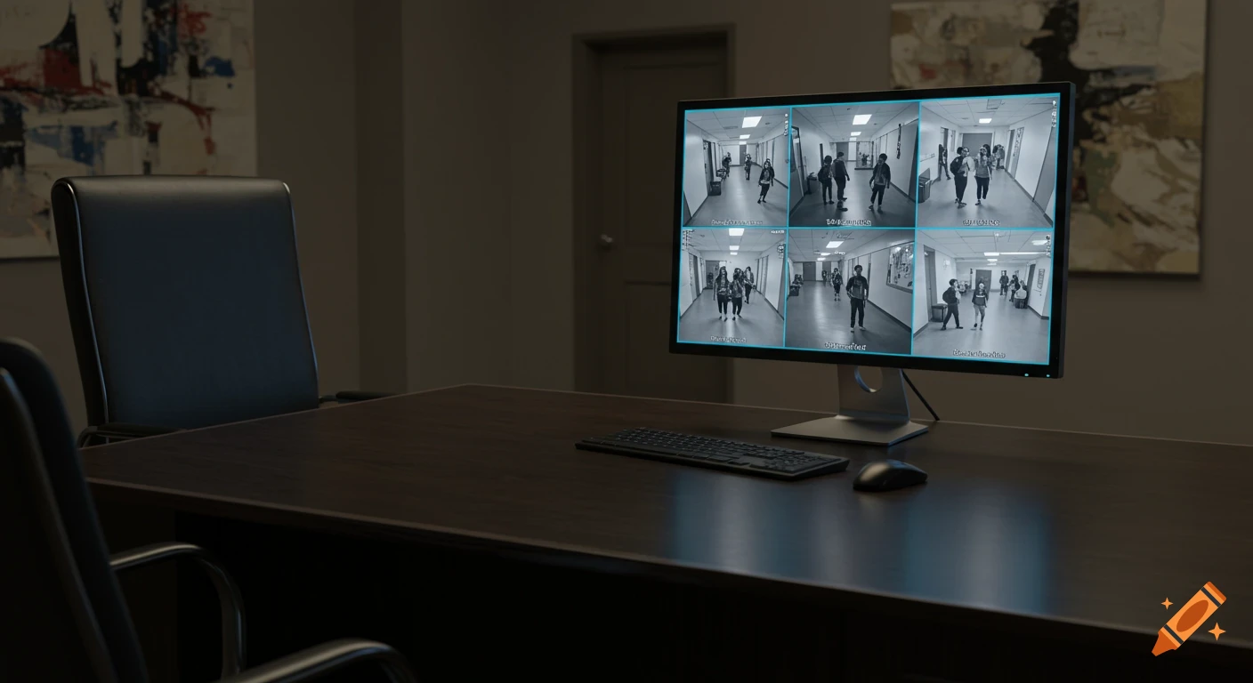 A dark office with a wooden desk and chairs, featuring a computer monitor displaying multiple black and white security camera feeds of students walking in school hallways.