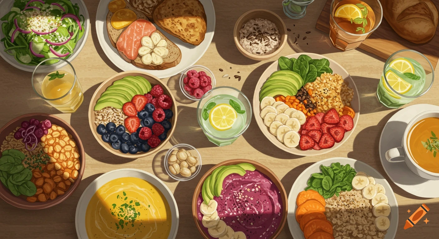 Top-down view of a vibrant table laden with healthy food, including smoothie bowls, avocado toast, salads, soups, and lemon drinks.