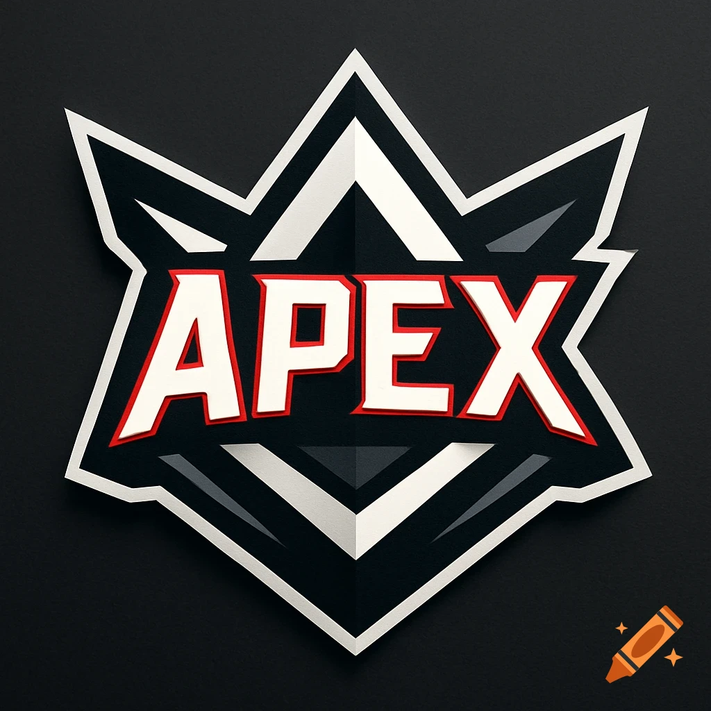 Red, white, and black papercut style esports logo with 'APEX' text in the center, set against a dark background.