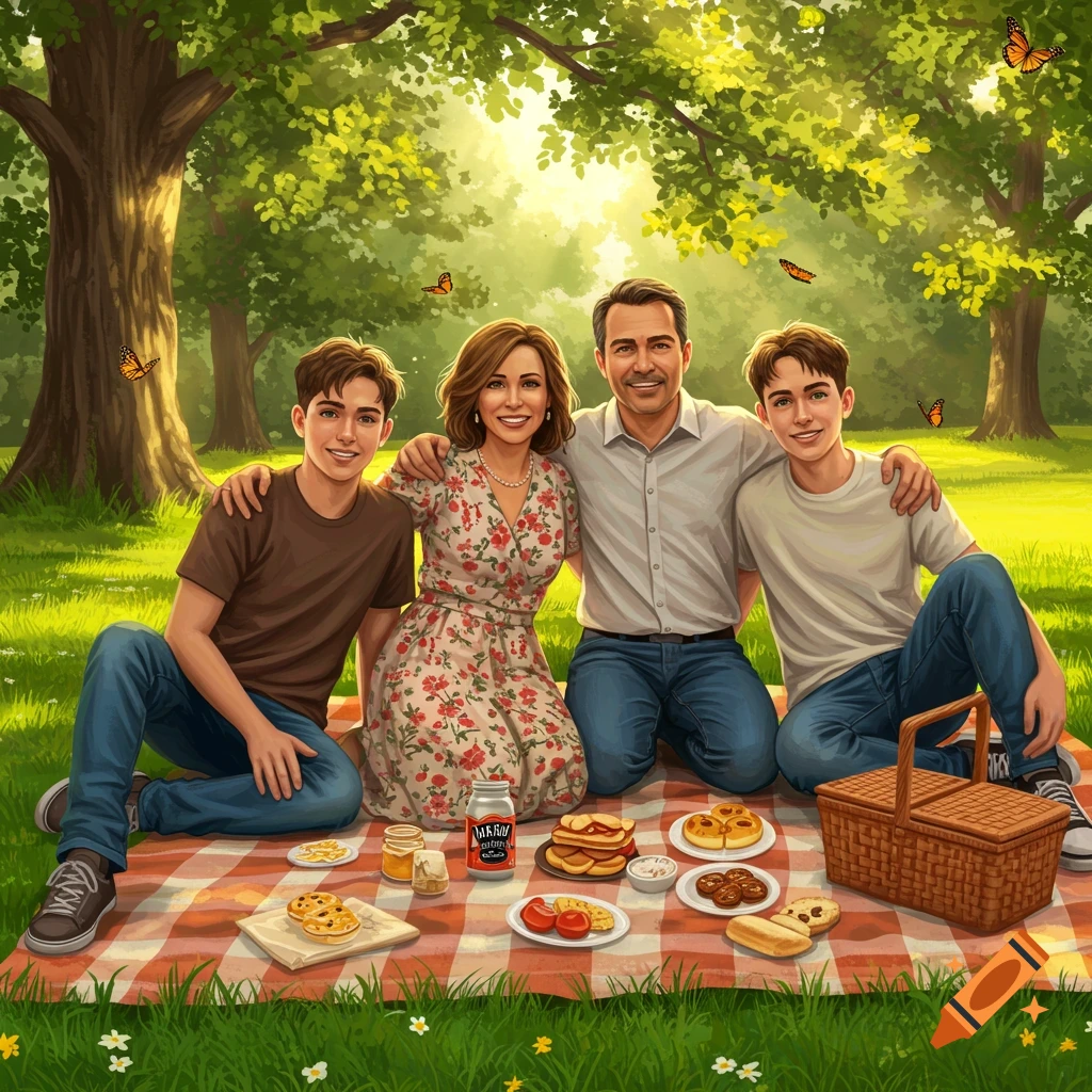 A cartoon family of four smiling during a picnic on a red and white checkered blanket under green trees.