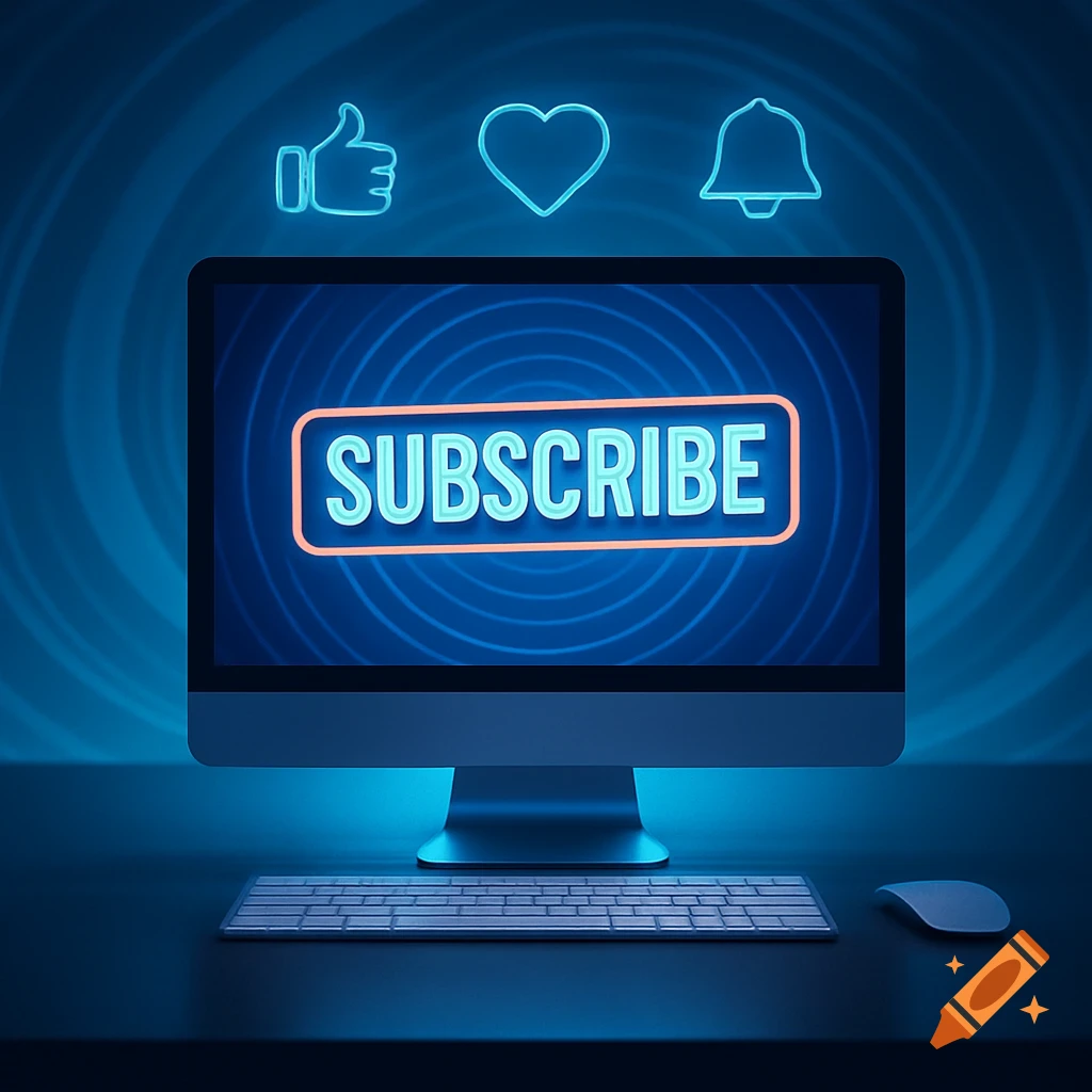 A glowing 'SUBSCRIBE' button on a computer monitor with neon like, heart, and bell icons in a dark blue digital setting.